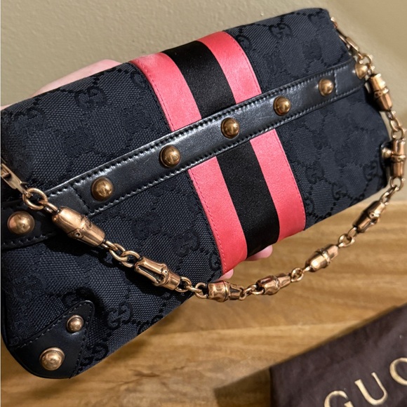 AUTH GUCCI HORSEBIT shoulder bag black pink stripe monogram stud bamboo detail - Picture 11 of 16